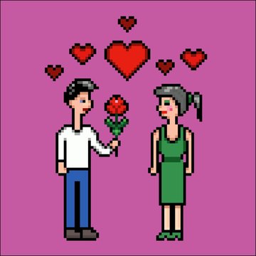 Valentines day, boy, girl and flower, pixel art vector illustration