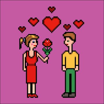 Women gives flower to a man, valentines day, pixel art vector illustration