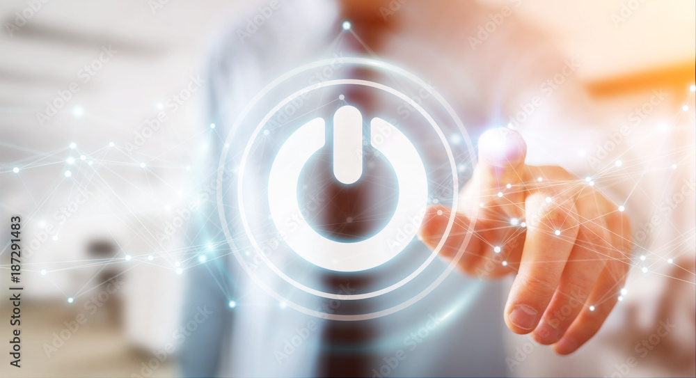 Aufkleber Businessman using 3D render power button with connections
