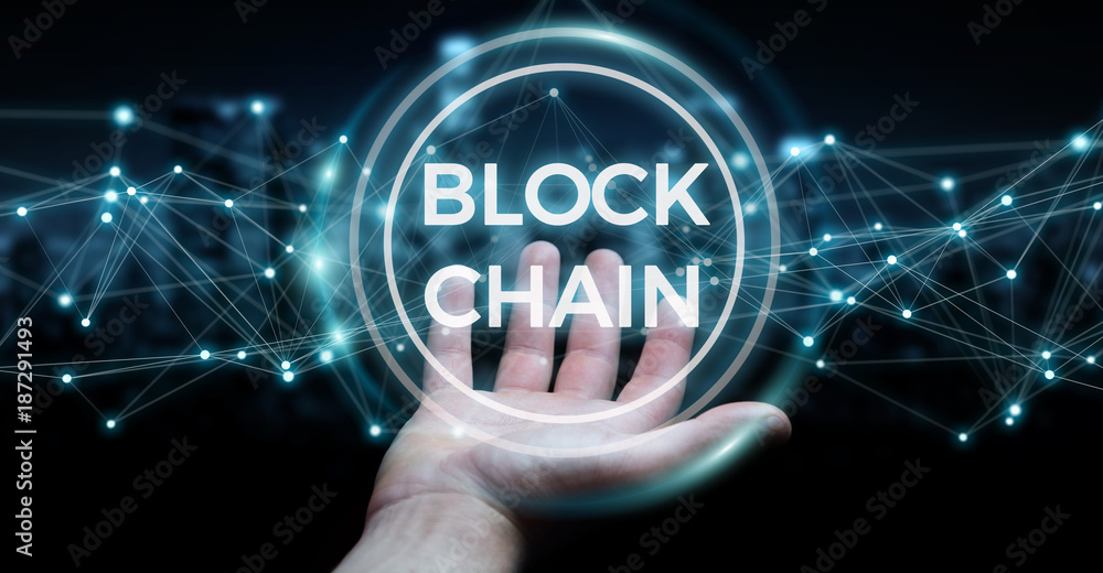 Poster Businessman using blockchain cryptocurrency interface 3D rendering