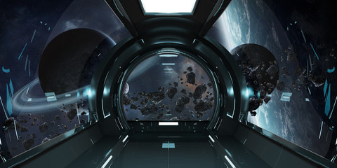 Spaceship interior with view on planets 3D rendering elements of this image furnished by NASA