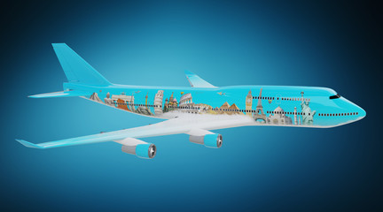 Plane with famous landmarks of the world 3D rendering