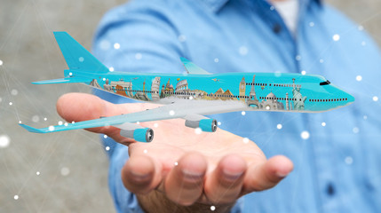 Businessman with plane and famous landmarks of the world 3D rendering