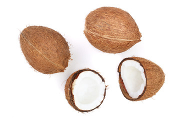 whole coconut with half isolated on white background. Flat lay. Top view