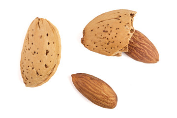 almonds are peeled and unpeeled isolated on white background without a shadow close up. Top view