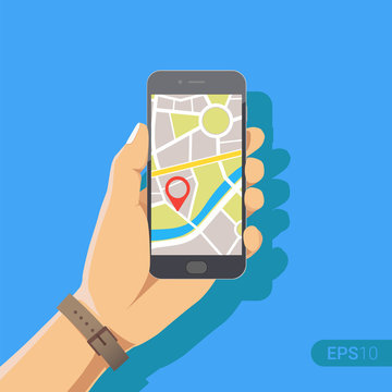 Hand Holding Phone With Map And Marker. Mobile Gps Navigation And Tracking Concept. New Flat Vector Cartoon Illustration. Location Track App On Touch Screen Smartphone