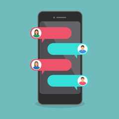 Vector illustration concept of online chat. Man and woman icons in flat style on mobile.