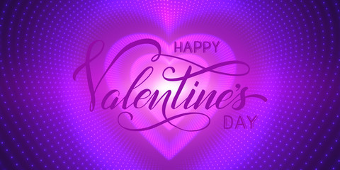 Happy Valentines Day card. Vector infinite heart-shaped tunnel of shining flares on purple background. Glowing heart tunnel. Valentines day gift or invitation card. Tender design for you love.