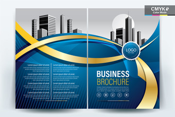 Brochure Cover Layout with Blue and Gold Ribbon , A4 Size Vector Template