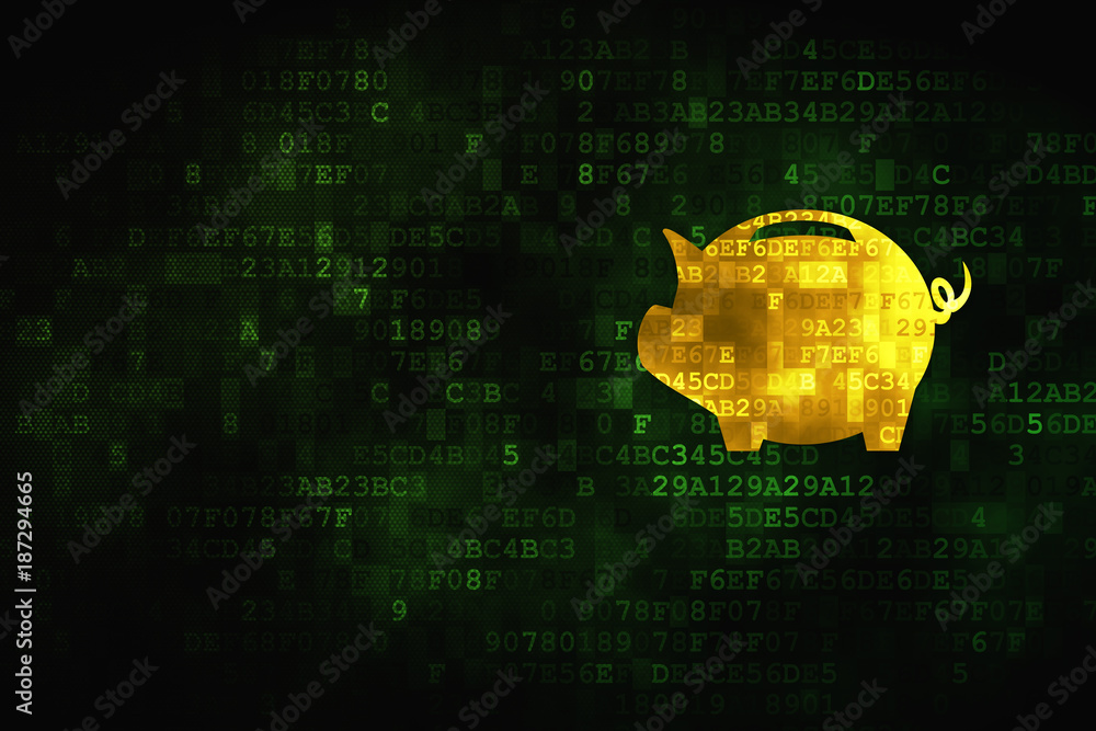 Poster Banking concept: pixelated Money Box icon on digital background, empty copyspace for card, text, advertising