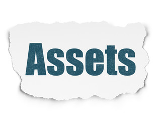 Banking concept: Painted blue text Assets on Torn Paper background with  Tag Cloud