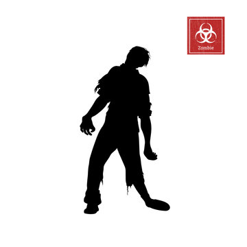 Black silhouette of zombie on white background. Isolated image of undead monster