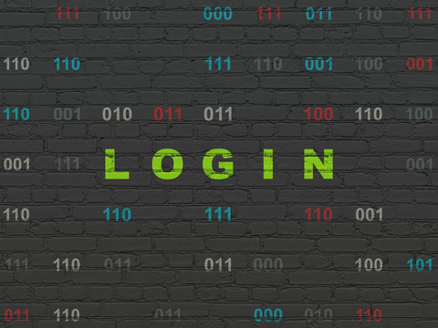 Protection concept: Painted green text Login on Black Brick wall background with Binary Code