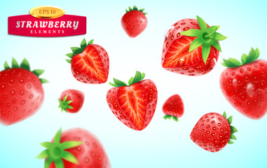 Strawberry set, detailed realistic ripe fresh strawberries with half and quarter of berry and green leaves with water droplets isolated on a blue background. 3d vector illustration.