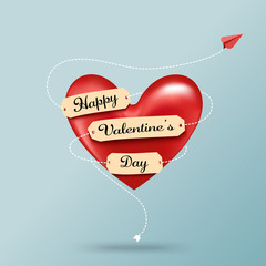 Paper art style of valentine's day greeting card and love concept.Red airplanes around red heart with tag label.Vector illustration.