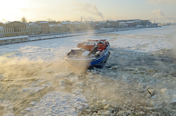 Icebreaker on the frozen river.