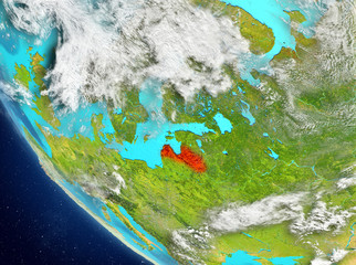 Satellite view of Latvia in red