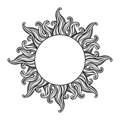 Hand drawn etching style frame in a shape of sun rays vector illustration