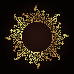 Ornate antique gold etching style frame in a shape of sun rays hand drawn vector illustration