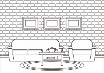 Room interior. Living room in line art. Linear vector illustration. Outline house equipment. Flat design. Home space with sofa, armchair and coffee table. Cartoon furniture.