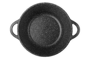 black pan, frying pan, marble, clipping path, isolated on white background