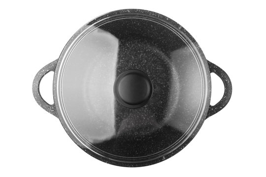 black pan, frying pan, glass cover, clipping path, isolated on white background