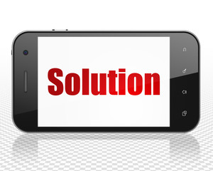 Business concept: Smartphone with red text Solution on display, 3D rendering