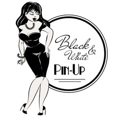 Black and white pin-up plus size sexy woman with retro logo design, hand drawn vector illustration - 187298696