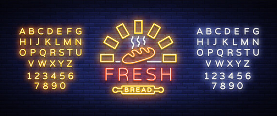 Bakery logo is a neon sign. Vector illustration on the topic of fresh pastries. Neon symbol, bright billboard, night shining advertisement Bakery. Editing text neon sign. Neon alphabet