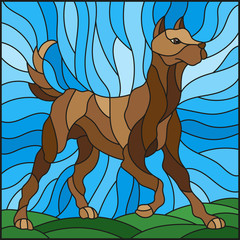 Illustration in stained glass style abstract in brown dog on a background of meadows and sky