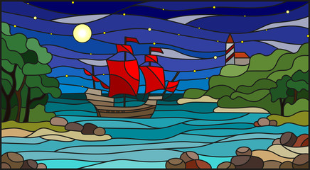Stained glass illustration with sea views, sailing with red sails in rocky Bay on the background of sea , moon and starry sky
