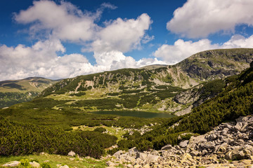 Fototapeta na wymiar Scenic valley in the Parang mountains of Romania with blue skies and green scenery