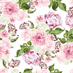 Fototapeten Beautiful watercolor pattern with flowers rose and peony.  © knopazyzy