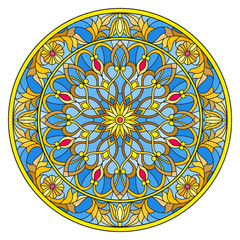 Illustration in stained glass style, round mirror image with floral ornaments and swirls
