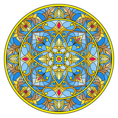 Illustration in stained glass style, round mirror image with floral ornaments and swirls