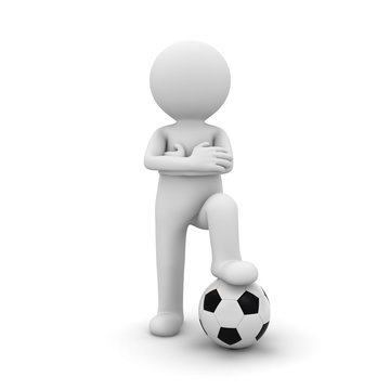 3d man standing with soccer ball under his foot isolated on white background. 3D rendering.