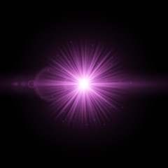 Purple bright light effect of the lens flare on a dark background. Vector illustration, eps10