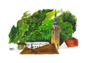 Fotobehang Countryside view illustration, church and vineyards © 31etc
