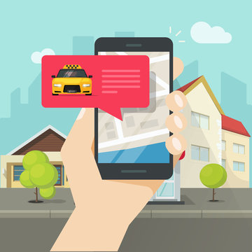 Online taxi on mobile phone and city vector illustration, flat carton design of smartphone, taxicab in bubble, map location destination, person calling or taking taxi in cellphone in town street