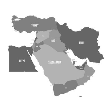 Map of Middle East, or Near East, in shades of grey. Simple flat vector ilustration.
