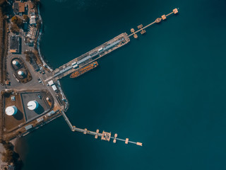 drone view of a ship in the port