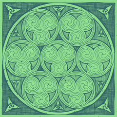 Green Celtic spirals patterns in ink hand drawn style.