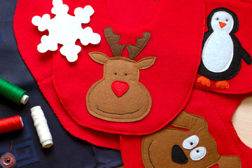 Handmade, gift to child for new year and Christmas. New Year's deer. Top view.