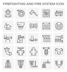 Firefighting system, equipment vector icon i.e. alarm, sprinkler, hose, extinguisher, firefighter for emergency, fire suppression by water, chemical. To safety, protection building. Editable stroke.