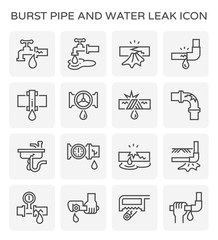 Burst pipe and water leak or plumbing problem and repair icon such as burst, leaking, noise and frozen at water supply pipe, faucet, valve control, fitting, connector, meter and underground location.