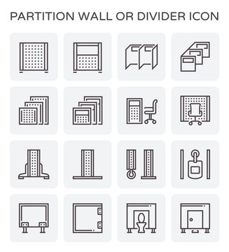 Partition icon. Also called room divider, wall panel, sanitary, portable and cubicle partition. Used for separate or divide interior space and room i.e. office, toilet, bathroom and exhibition.