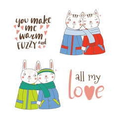 Set of hand drawn cute funny animal couples, holding hands and wrapped in a muffler, with typography. Isolated objects on white background. Design concept for kids, Valentines day. Vector illustration