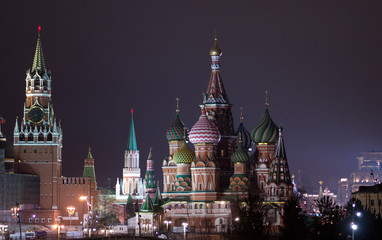 Pokrovsky cathedral and Spasskaya tower at night, Moscow, Russia