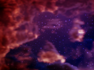 Vector bright colorful cosmos illustration with clouds of cosmic dust and stars on a background. Bright shining Universe with flickering stars. Novel, mysterious deep space. Abstract cosmic background