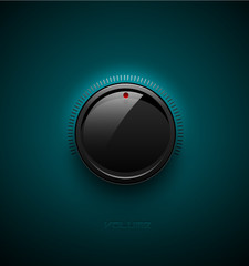 Black glossy interface button for volume control with reflect and shadow. Vector illustration. Sound icon, music knob with scale on turquoise plastic background.